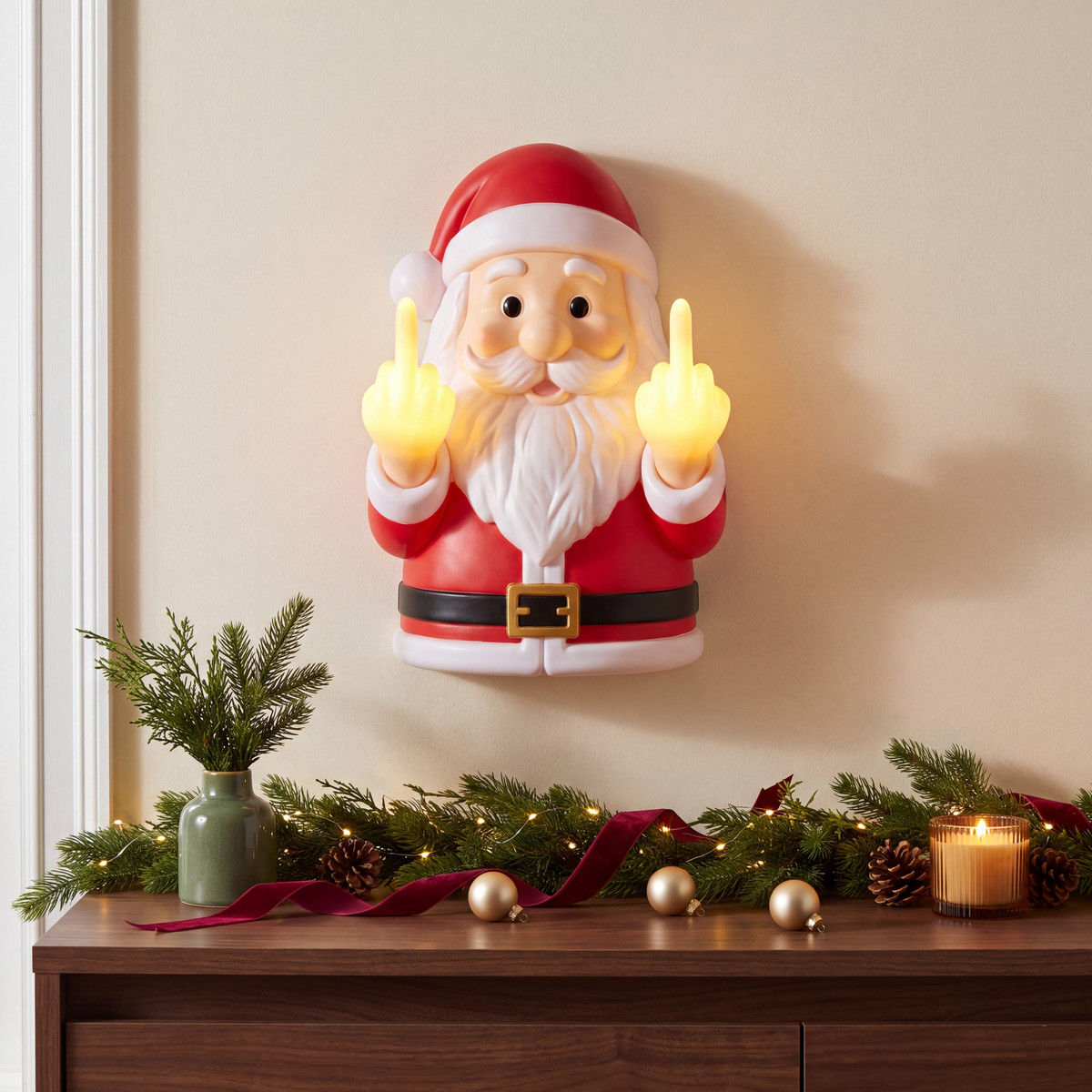 JollyFlips™ Light-Up Middle Finger Santa Wall Décor